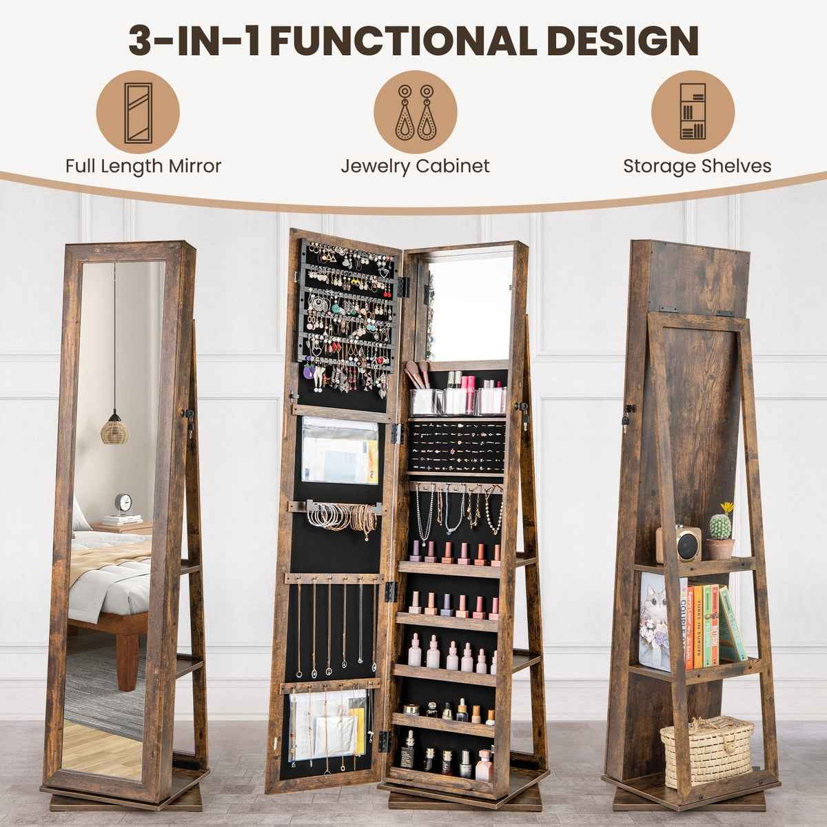 360° Swivel Jewelry Armoire Standing Jewelry Organizer with Full Length Mirror and Back Shelves-Rustic Brown view 6