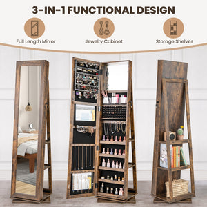 360° Swivel Jewelry Armoire Standing Jewelry Organizer with Full Length Mirror and Back Shelves-Rustic Brown view 6