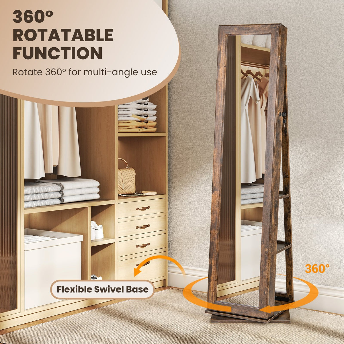 360° Swivel Jewelry Armoire Standing Jewelry Organizer with Full Length Mirror and Back Shelves-Rustic Brown view 7