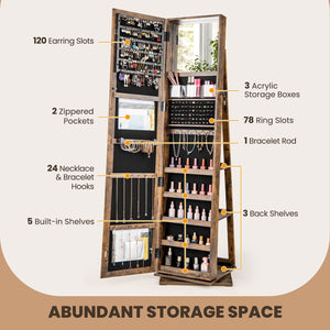 360° Swivel Jewelry Armoire Standing Jewelry Organizer with Full Length Mirror and Back Shelves-Rustic Brown view 8