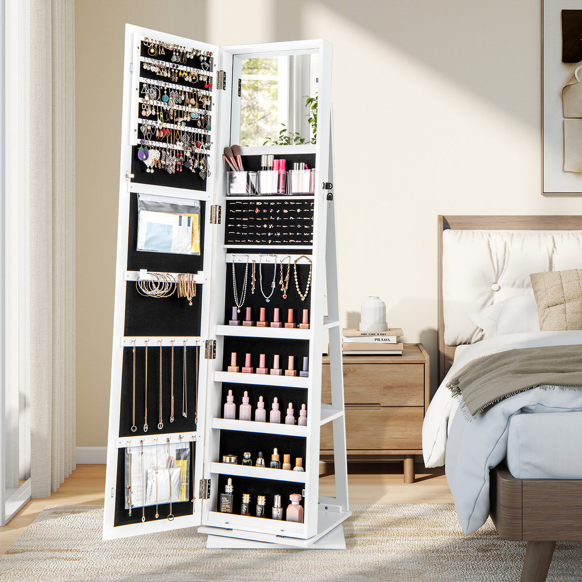 360° Swivel Jewelry Armoire Standing Jewelry Organizer with Full Length Mirror and Back Shelves-White view 2