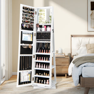 360° Swivel Jewelry Armoire Standing Jewelry Organizer with Full Length Mirror and Back Shelves-White view 2