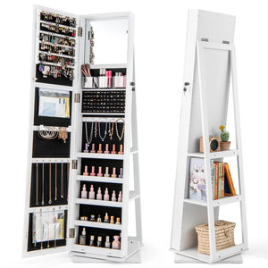 360° Swivel Jewelry Armoire Standing Jewelry Organizer with Full Length Mirror and Back Shelves-White view 4