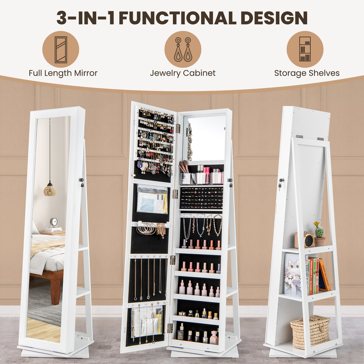 360° Swivel Jewelry Armoire Standing Jewelry Organizer with Full Length Mirror and Back Shelves-White view 6