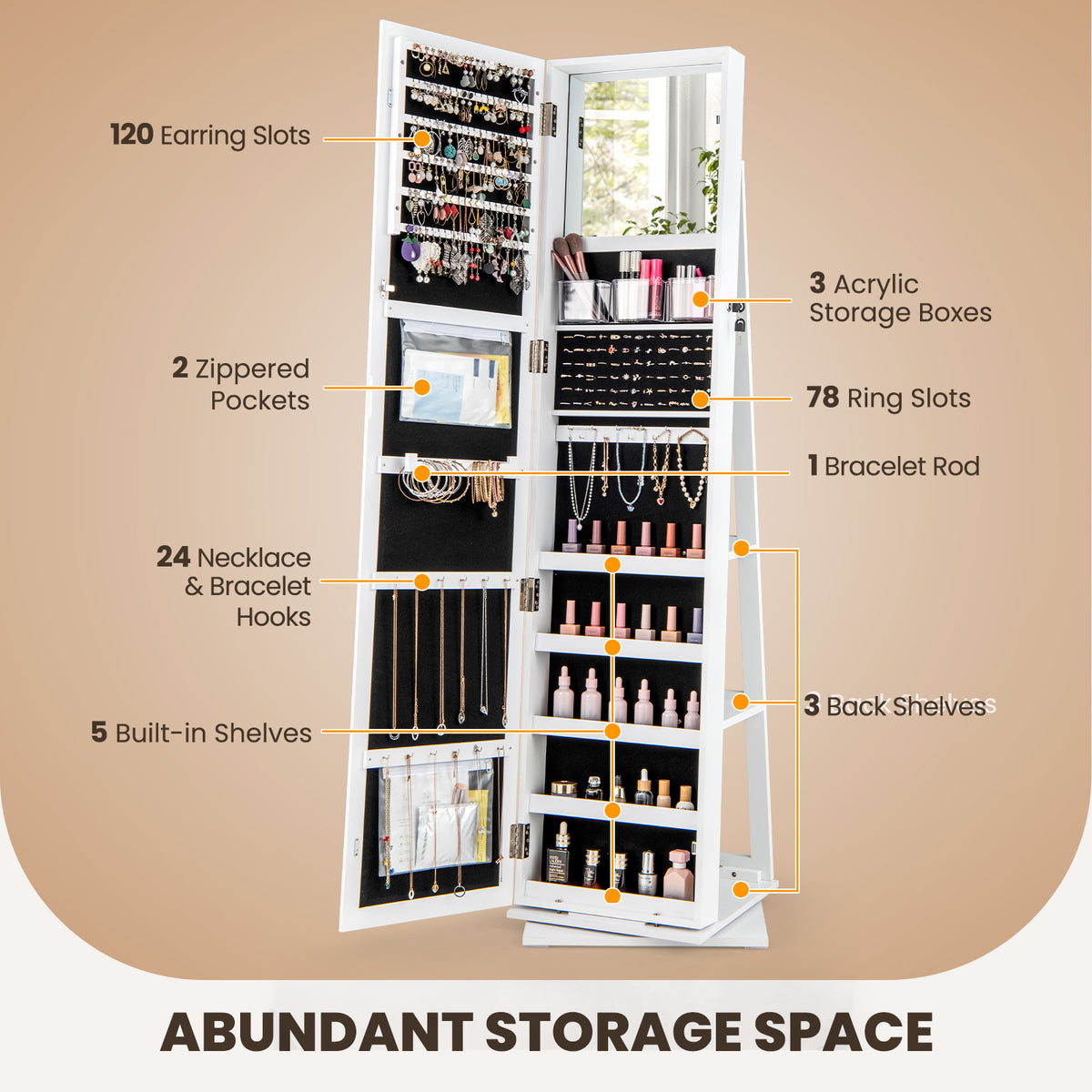 360° Swivel Jewelry Armoire Standing Jewelry Organizer with Full Length Mirror and Back Shelves-White view 8