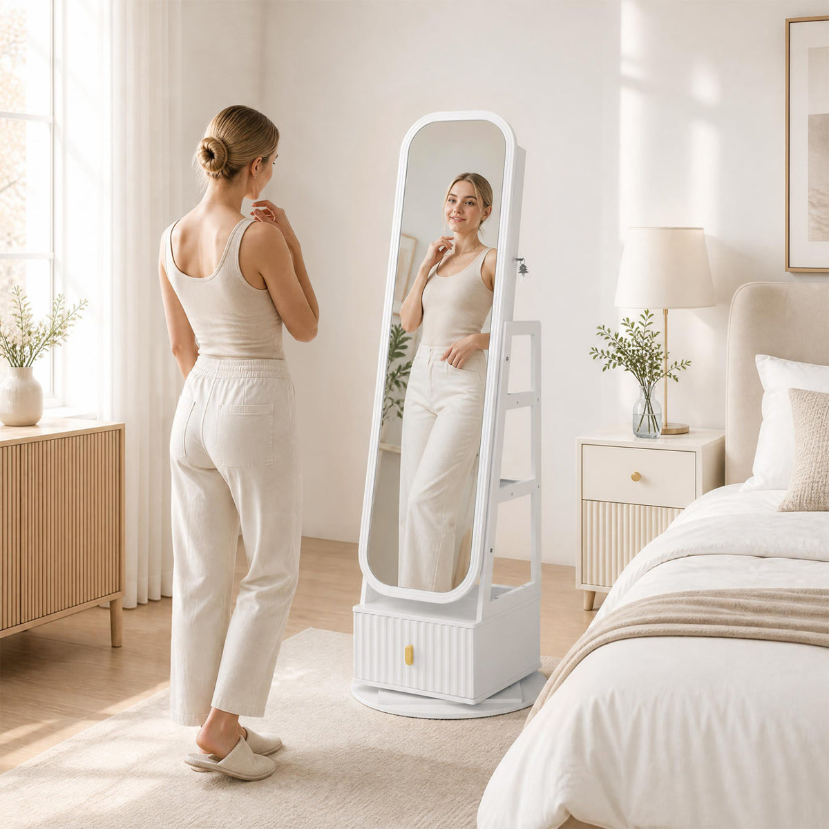360° Swivel Jewelry Cabinet with Full-Length Mirror and Dual Hooks-White view 2