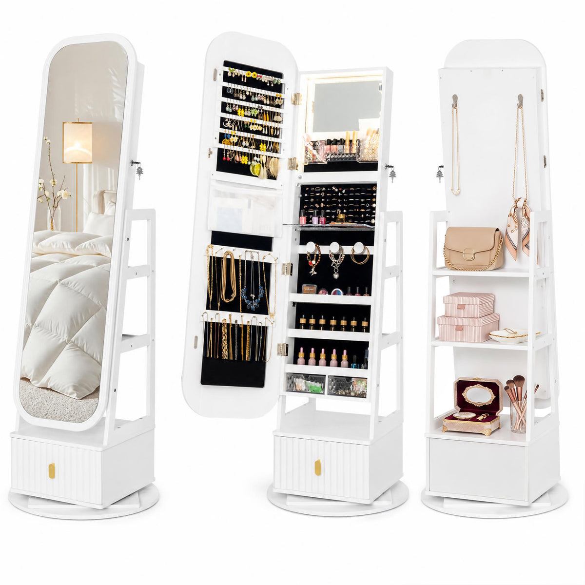 360° Swivel Jewelry Cabinet with Full-Length Mirror and Dual Hooks-White view 4