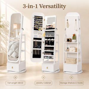 360° Swivel Jewelry Cabinet with Full-Length Mirror and Dual Hooks-White view 6