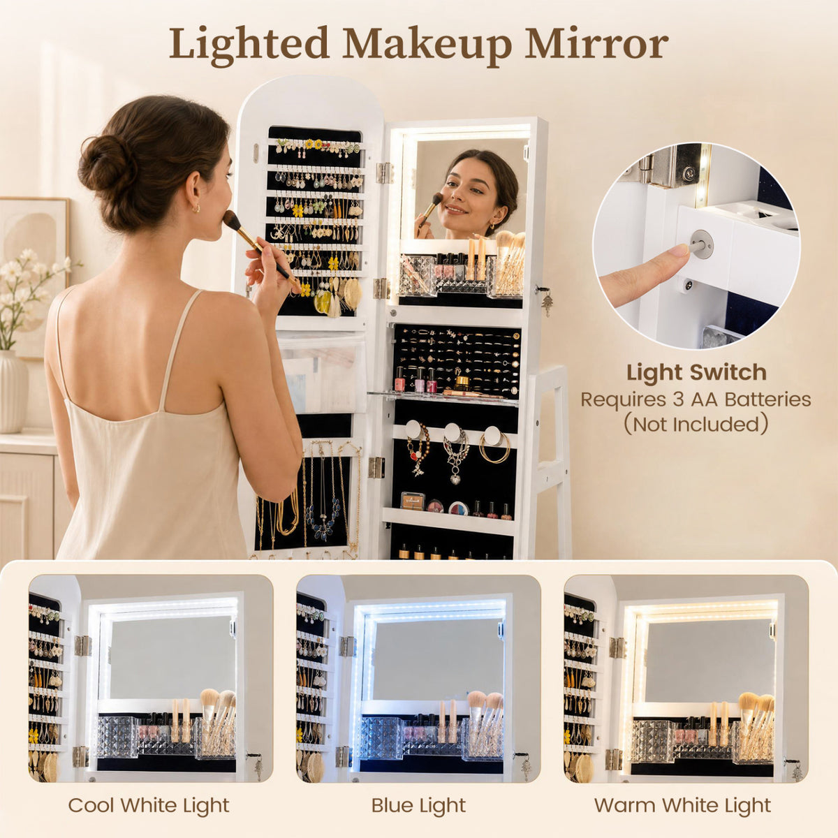 360° Swivel Jewelry Cabinet with Full-Length Mirror and Dual Hooks-White view 8