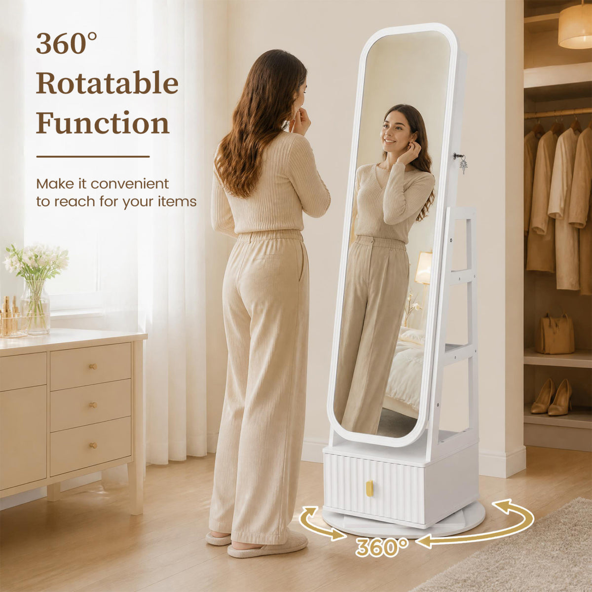 360° Swivel Jewelry Cabinet with Full-Length Mirror and Dual Hooks-White view 9