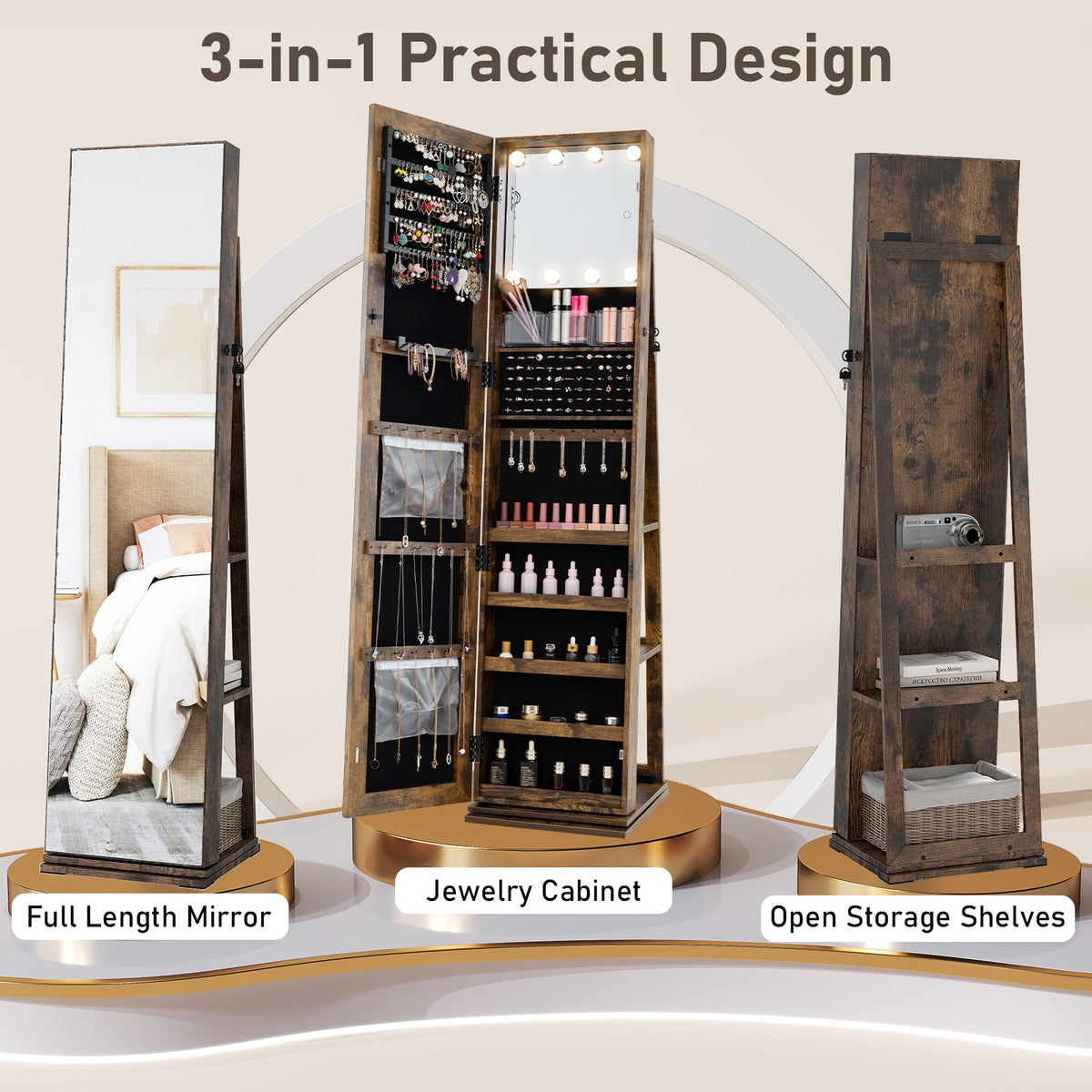 360° Swivel Jewelry Cabinet with Full Length Mirror-Rustic Brown view 6