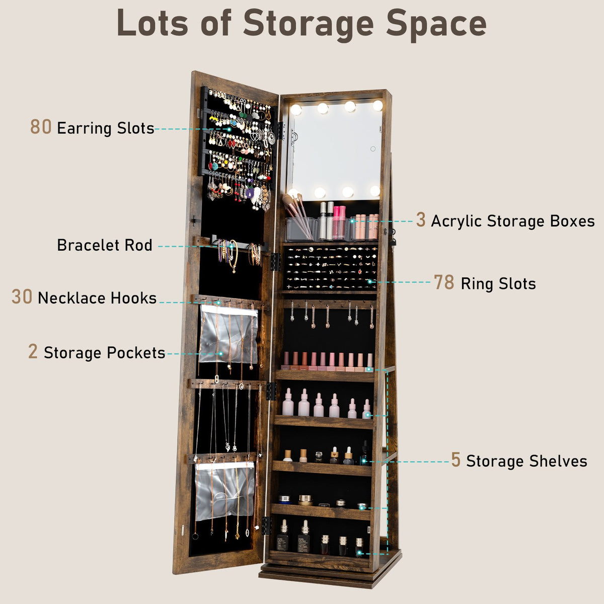 360° Swivel Jewelry Cabinet with Full Length Mirror-Rustic Brown view 7