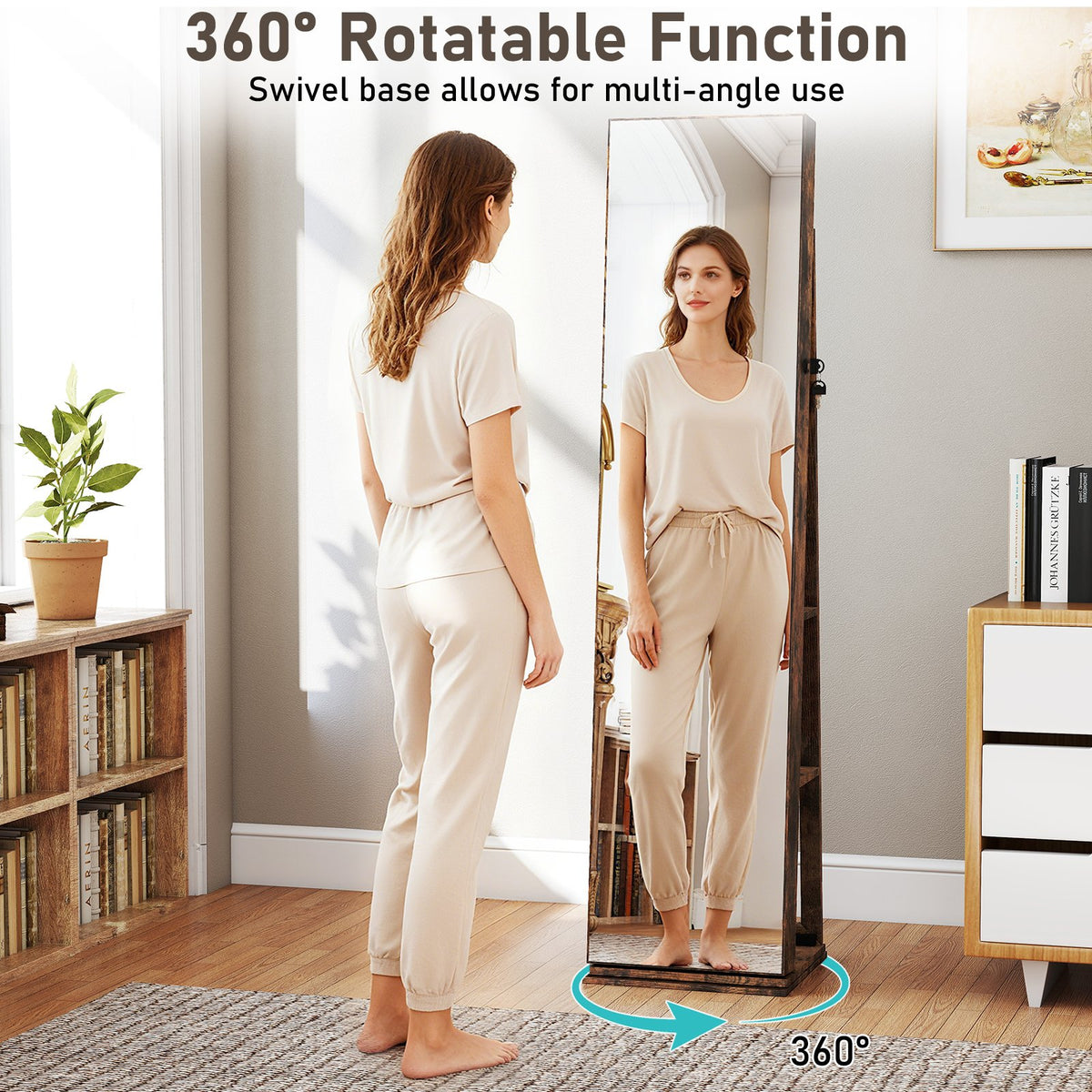 360° Swivel Jewelry Cabinet with Full Length Mirror-Rustic Brown view 9