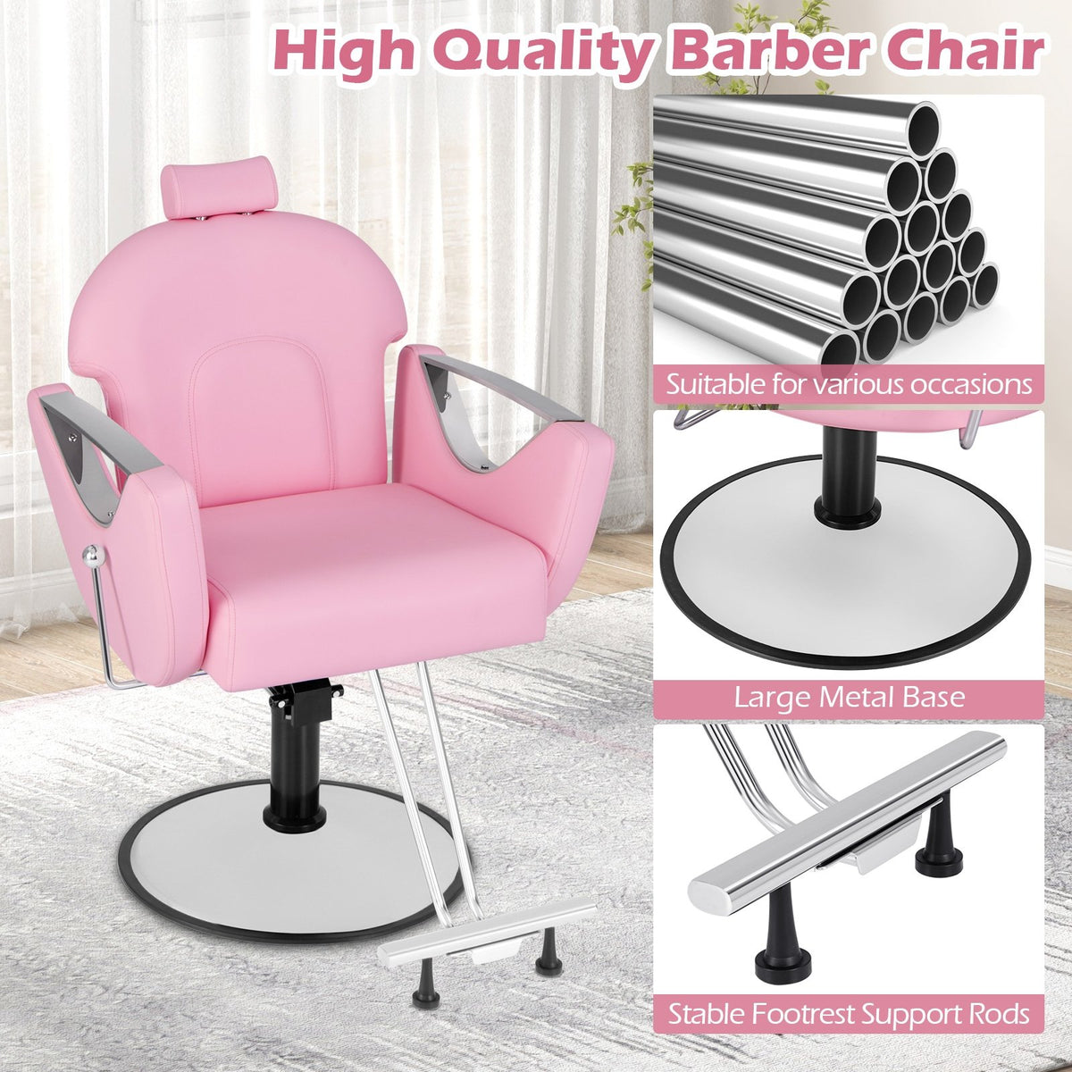 360°Swivel Reclining Salon Chair for Hair Stylist-Pink view 5