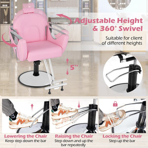 360°Swivel Reclining Salon Chair for Hair Stylist-Pink view 9