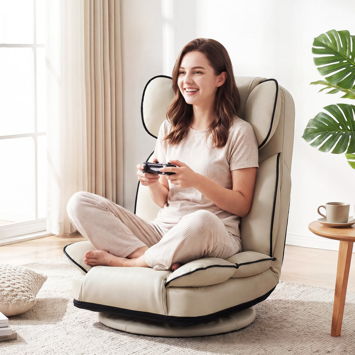 360 Degree Swivel Floor Gaming Chair with 6-Position Adjustable Backrest and Sponge Filling-Beige view 2