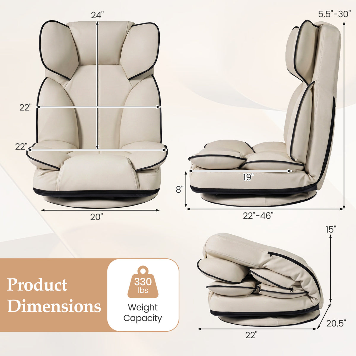 360 Degree Swivel Floor Gaming Chair with 6-Position Adjustable Backrest and Sponge Filling-Beige view 5