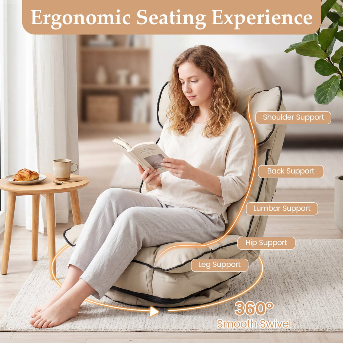 360 Degree Swivel Floor Gaming Chair with 6-Position Adjustable Backrest and Sponge Filling-Beige view 9