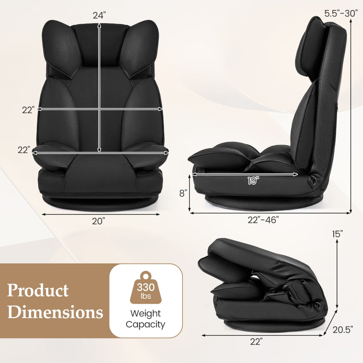 360 Degree Swivel Floor Gaming Chair with 6-Position Adjustable Backrest and Sponge Filling-Black view 5