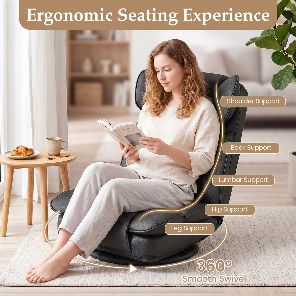 360 Degree Swivel Floor Gaming Chair with 6-Position Adjustable Backrest and Sponge Filling-Black view 9