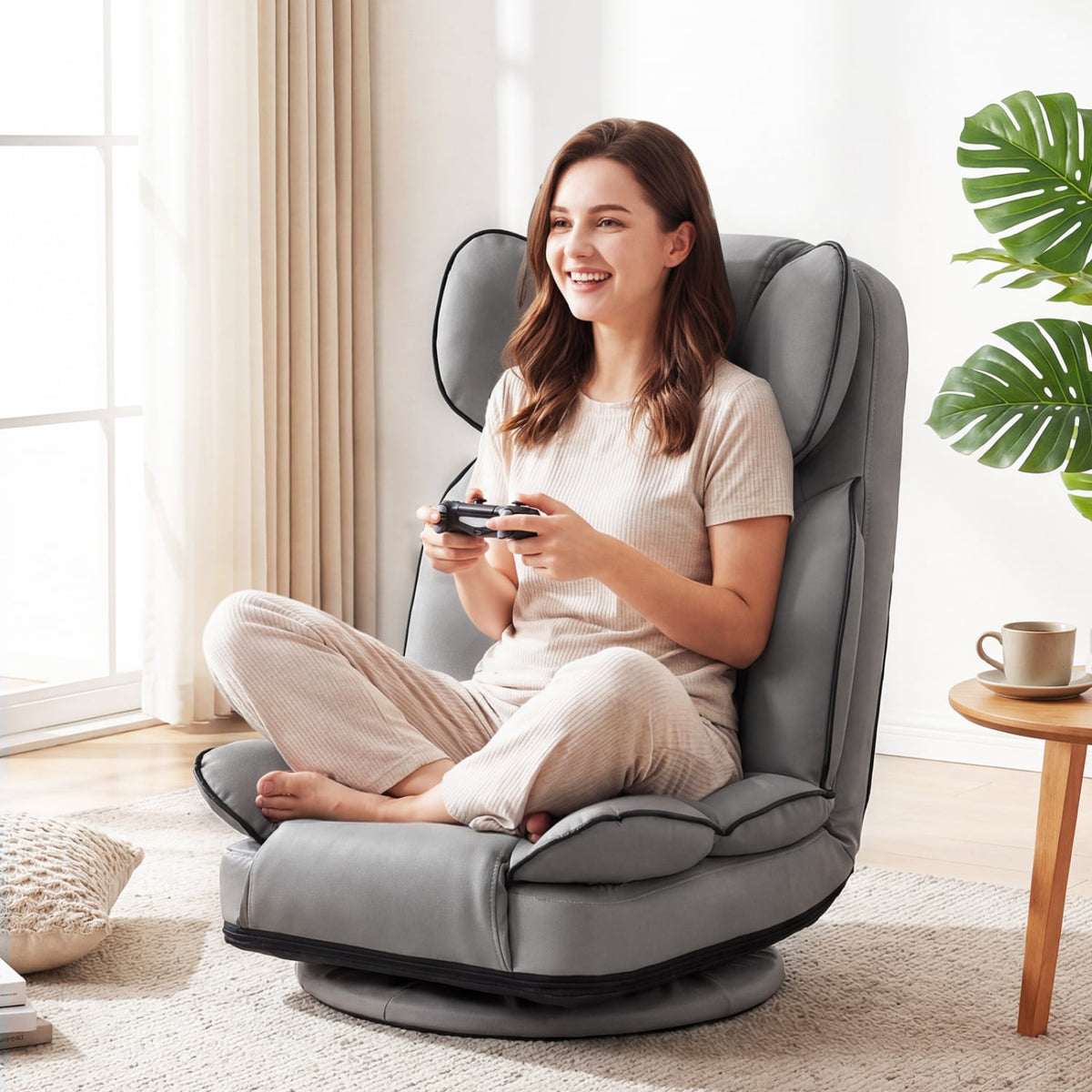 360 Degree Swivel Floor Gaming Chair with 6-Position Adjustable Backrest and Sponge Filling-Gray view 2