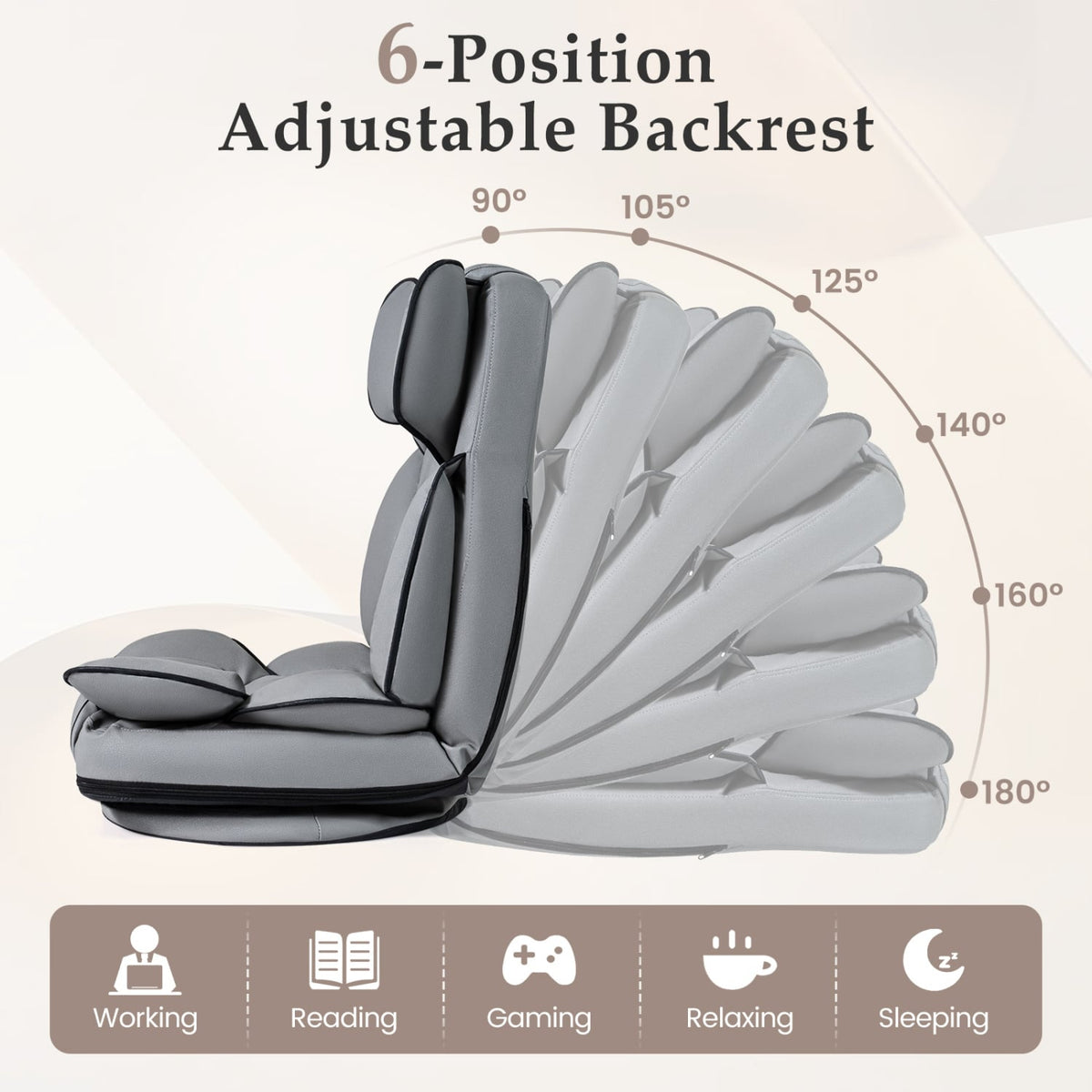360 Degree Swivel Floor Gaming Chair with 6-Position Adjustable Backrest and Sponge Filling-Gray view 7