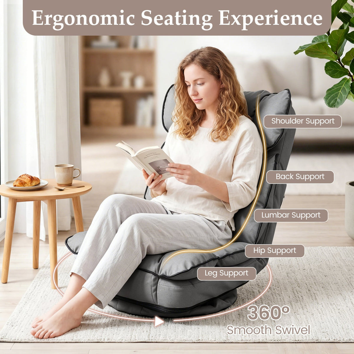 360 Degree Swivel Floor Gaming Chair with 6-Position Adjustable Backrest and Sponge Filling-Gray view 9