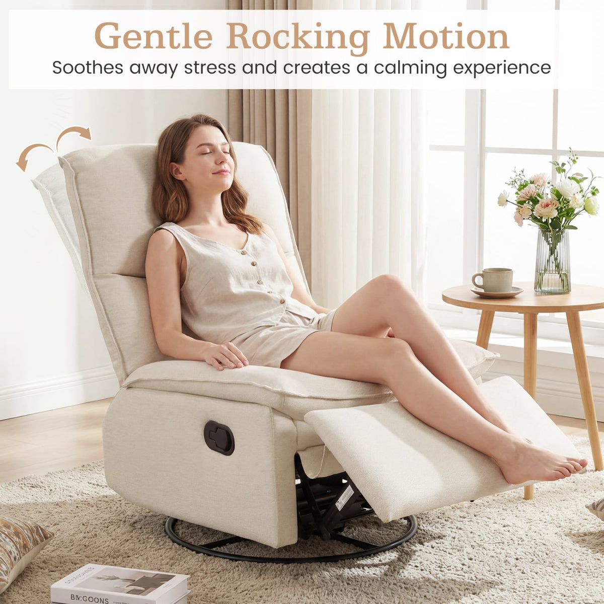 360° Swivel Rocking Chair with Cushioned Back for Living Room-Beige view 9