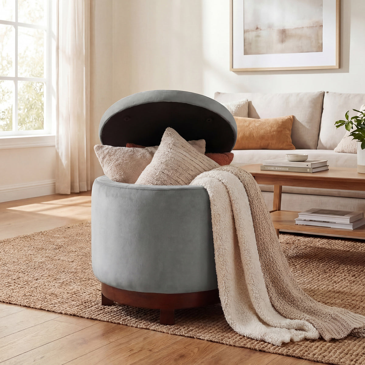 360° Swivel Velvet Foot Rest with Hidden Storage for Living Room-Gray view 2