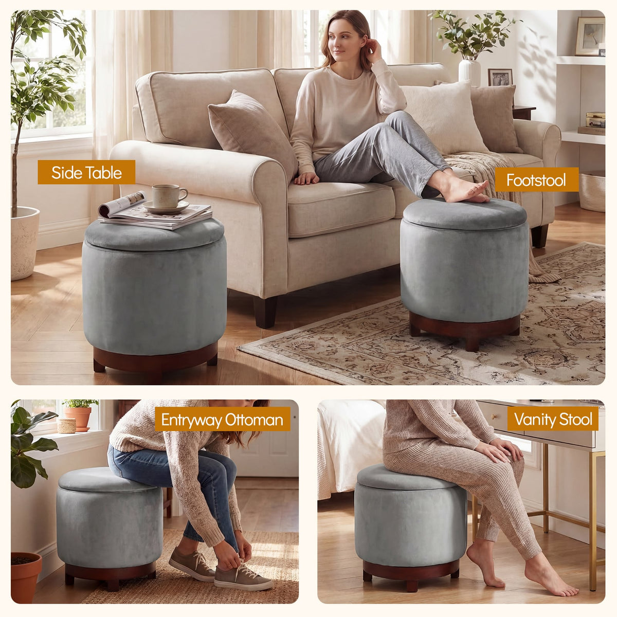 360° Swivel Velvet Foot Rest with Hidden Storage for Living Room-Gray view 9