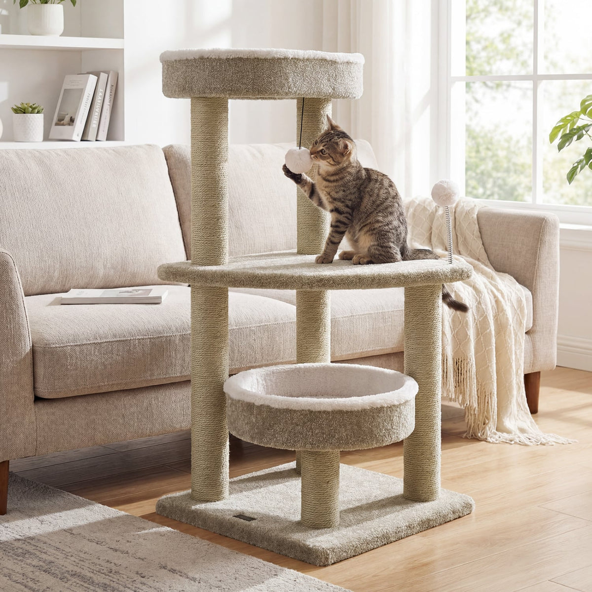 36 inches Carpeted Cat Tree with Plush Perches, Scratching Posts and Dangling Ball view 3