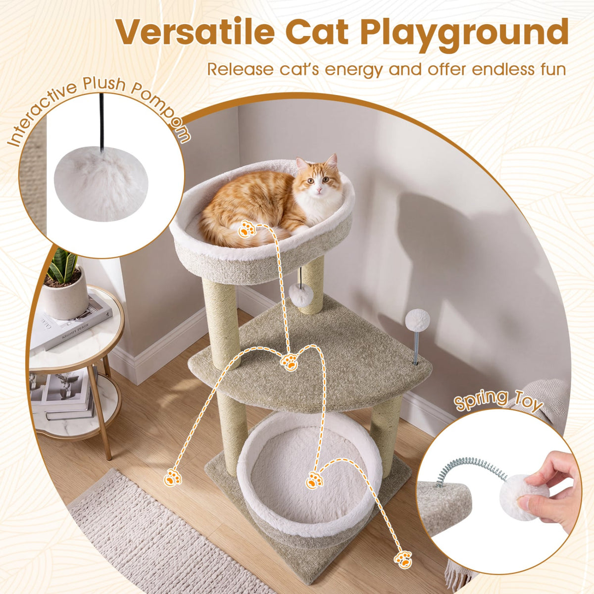 36 inches Carpeted Cat Tree with Plush Perches, Scratching Posts and Dangling Ball view 8