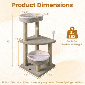 36 inches Carpeted Cat Tree with Plush Perches, Scratching Posts and Dangling Ball view 5