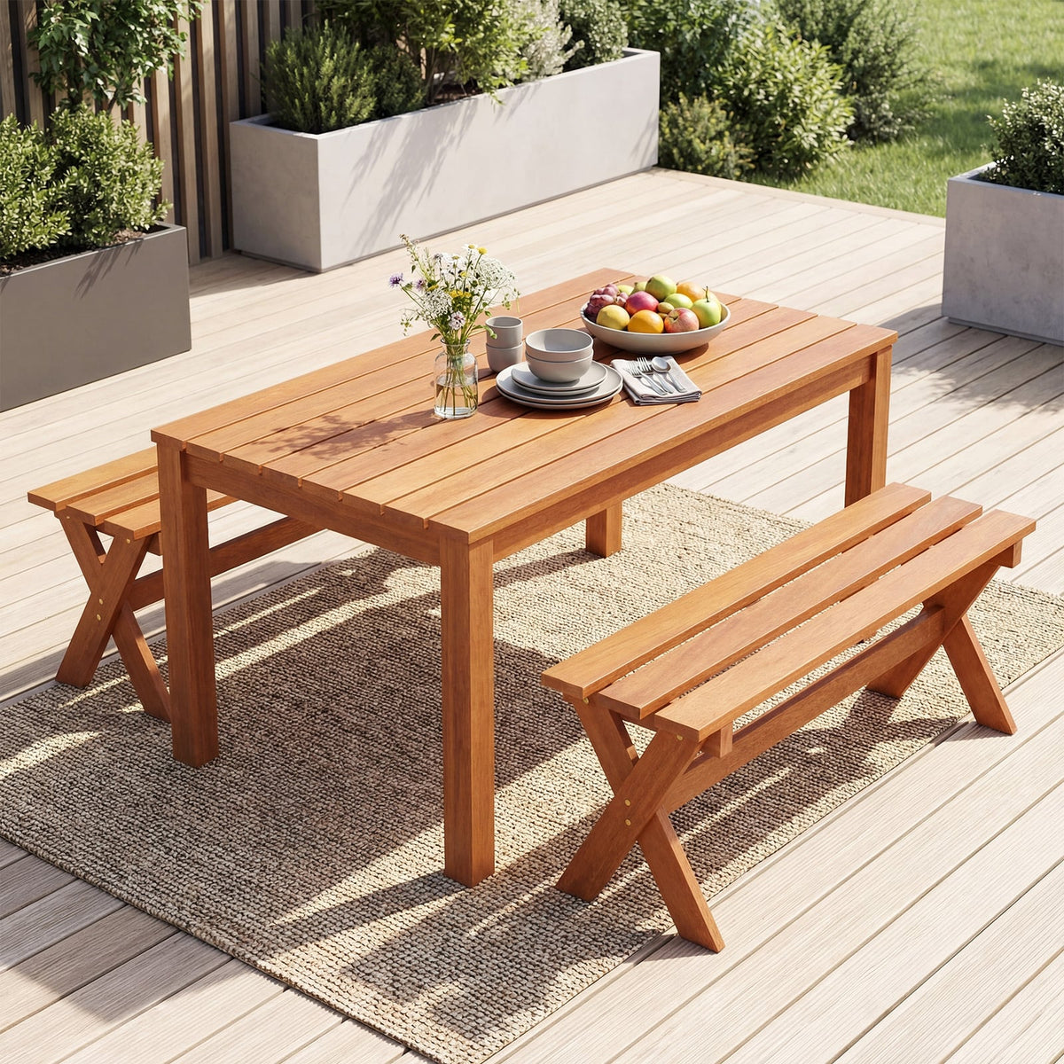 36 inches Outdoor Solid Wood Bench Set of 2 Backless Patio Dining Bench with Teak Oil Finish view 2