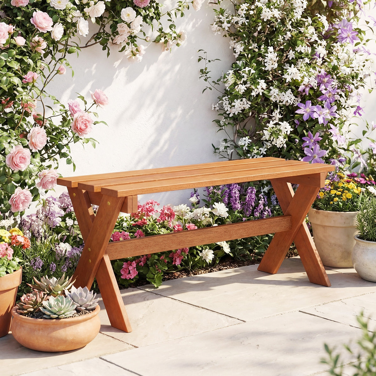 36 inches Outdoor Solid Wood Bench Set of 2 Backless Patio Dining Bench with Teak Oil Finish view 4