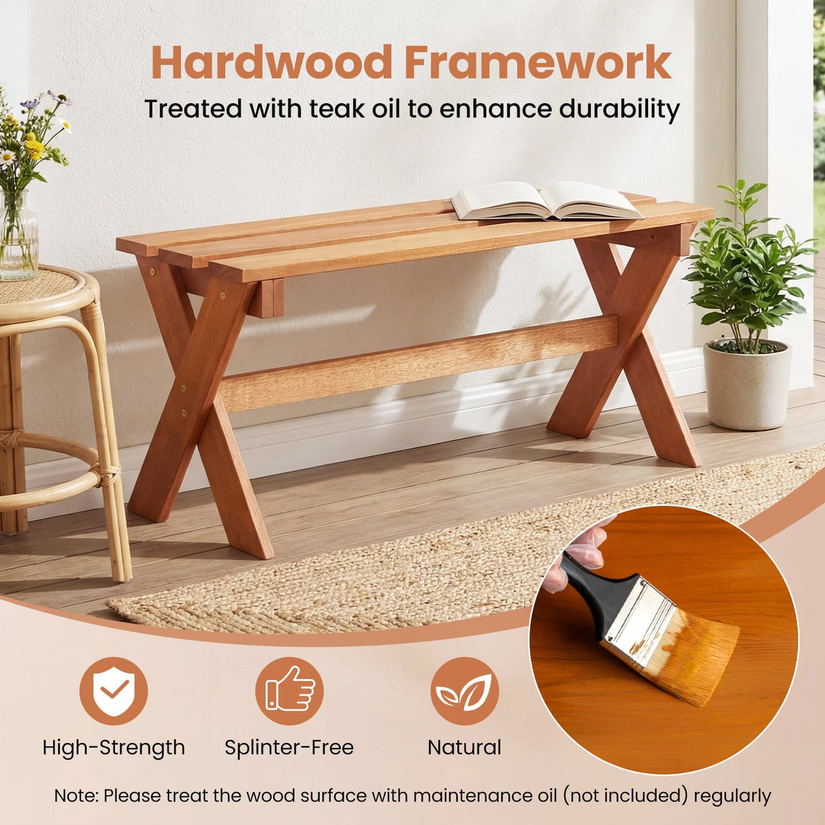 36 inches Outdoor Solid Wood Bench Set of 2 Backless Patio Dining Bench with Teak Oil Finish view 7