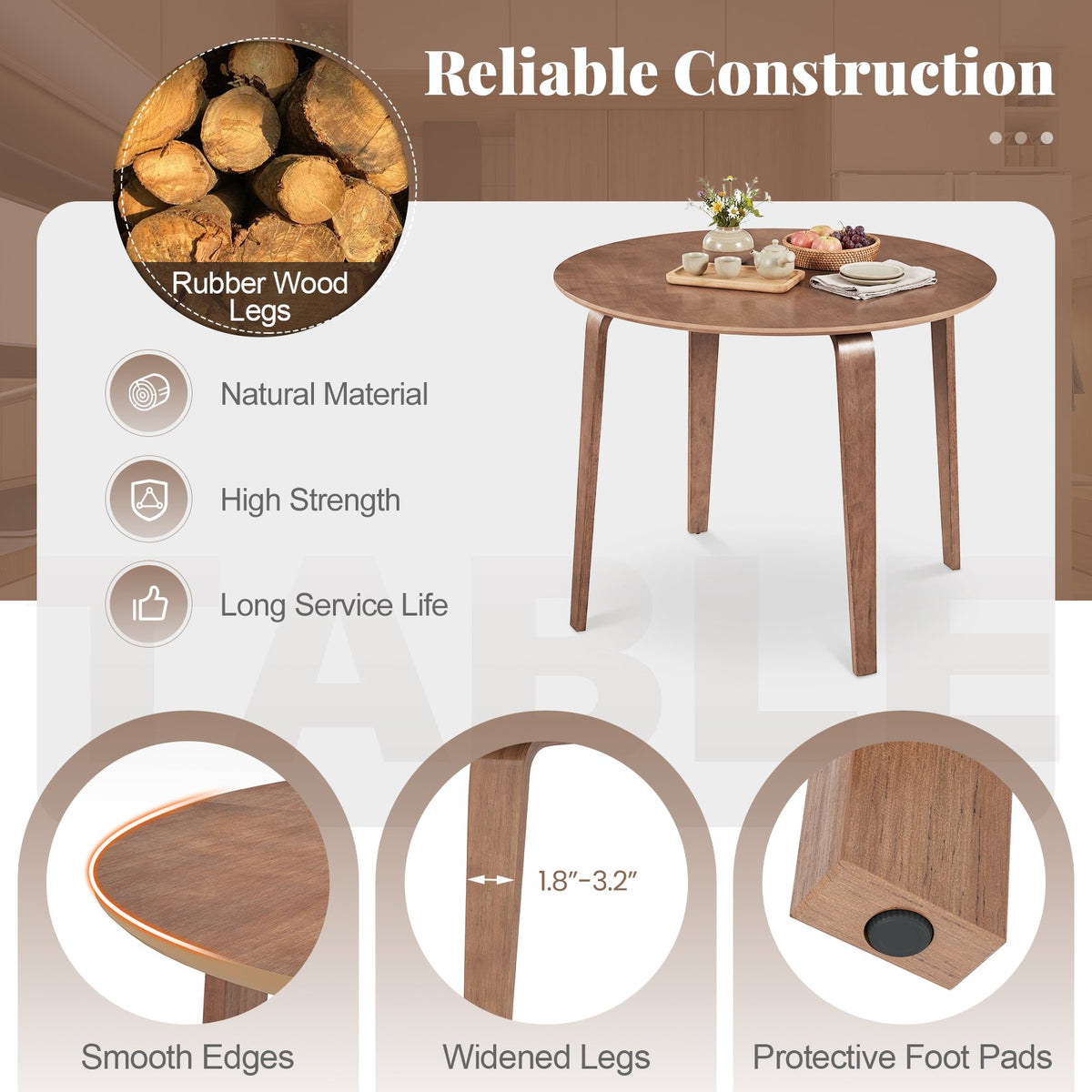 37.5 inches Round Dining Table with Rubber Wood Legs for Small Space-Walnut view 7