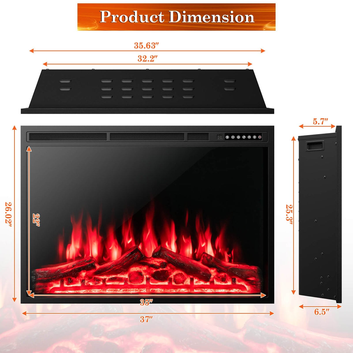 34/37 Inch Electric Fireplace Recessed with Adjustable Flames view 5
