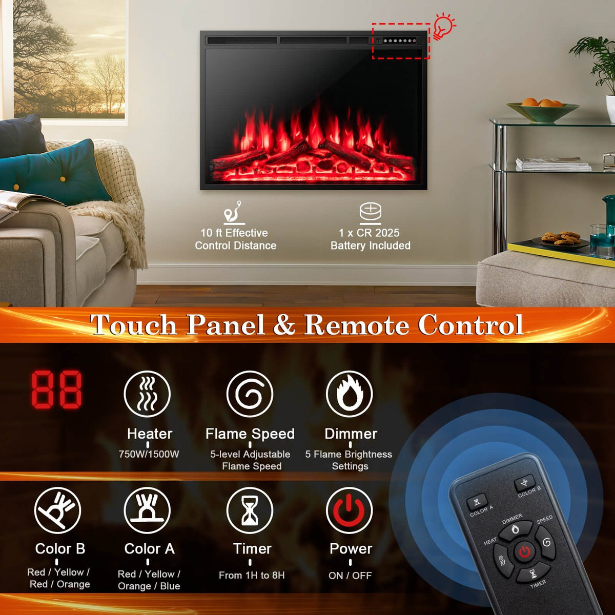 34/37 Inch Electric Fireplace Recessed with Adjustable Flames view 9