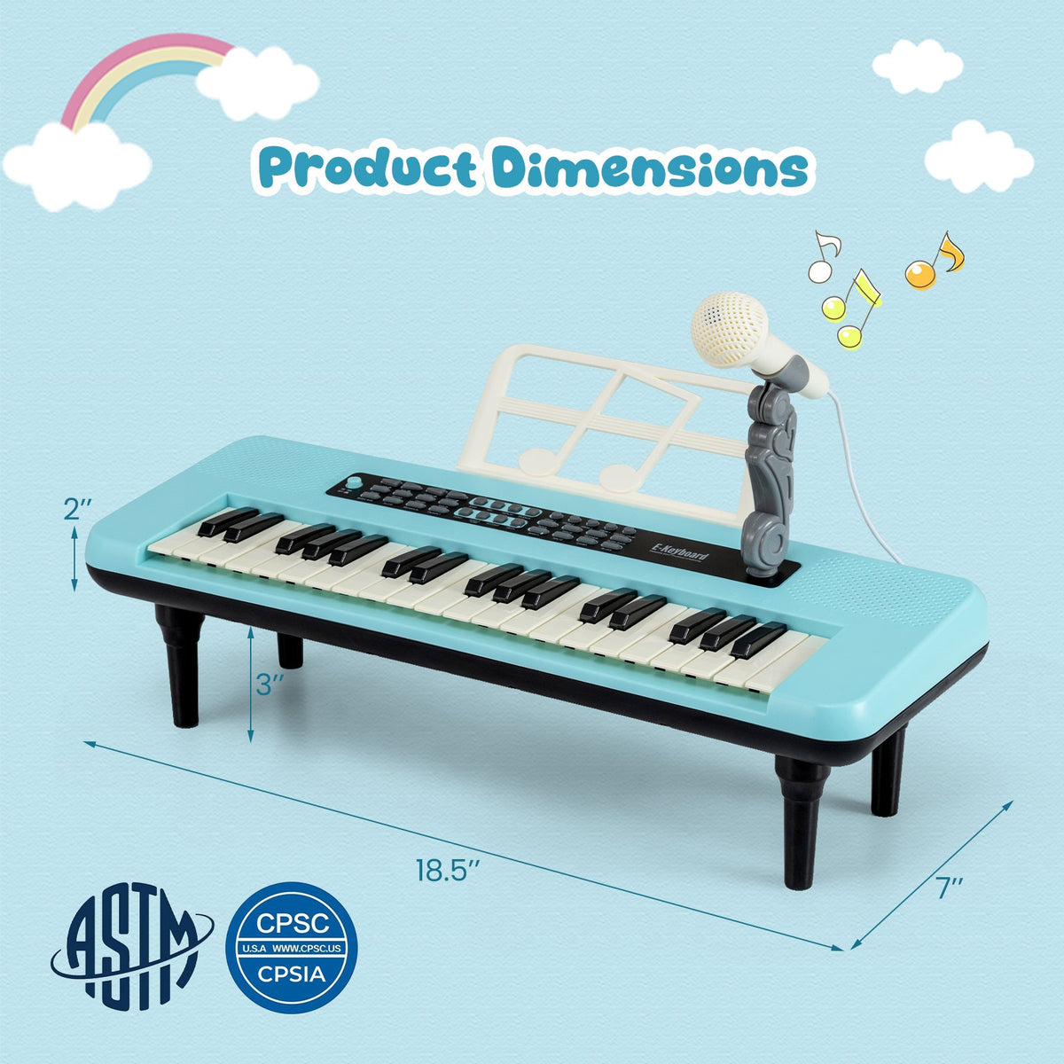 37 Keys Kids Piano Keyboard Portable Musical Toy with Microphone and Music Stand-Blue view 5
