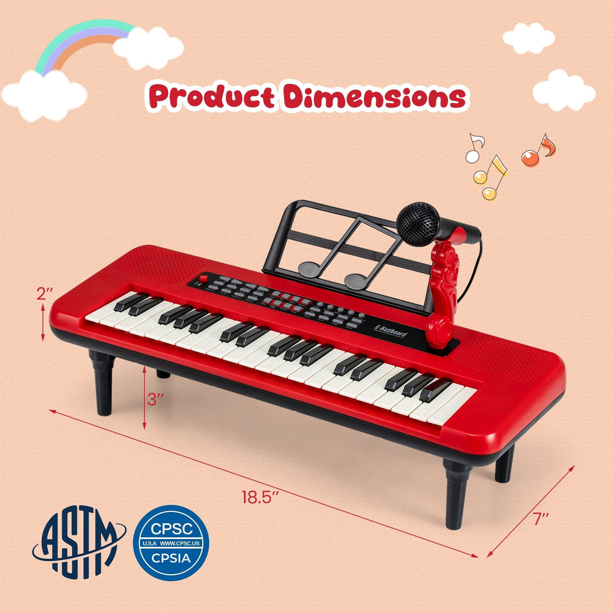 37 Keys Kids Piano Keyboard Portable Musical Toy with Microphone and Music Stand-Red view 5