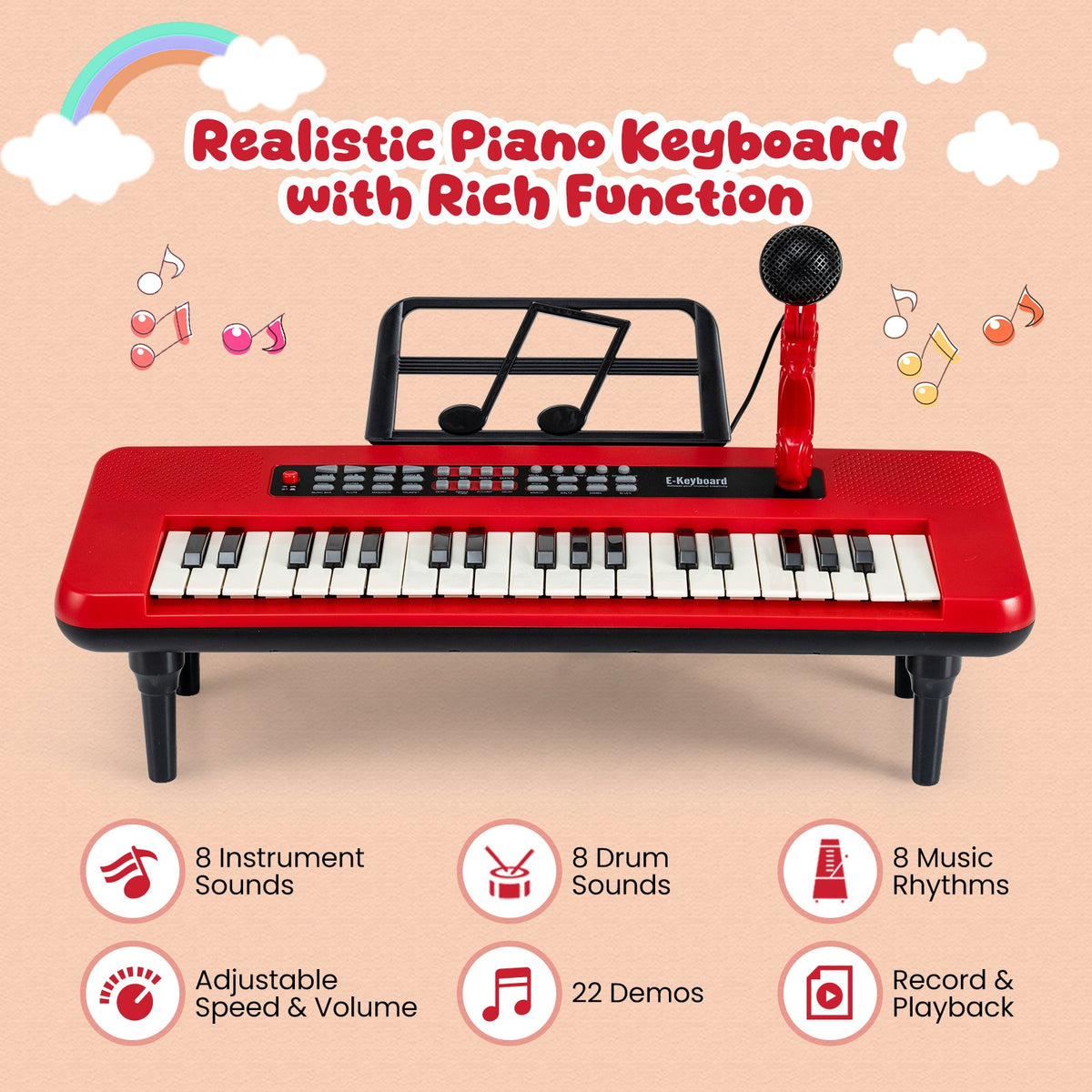 37 Keys Kids Piano Keyboard Portable Musical Toy with Microphone and Music Stand-Red view 6