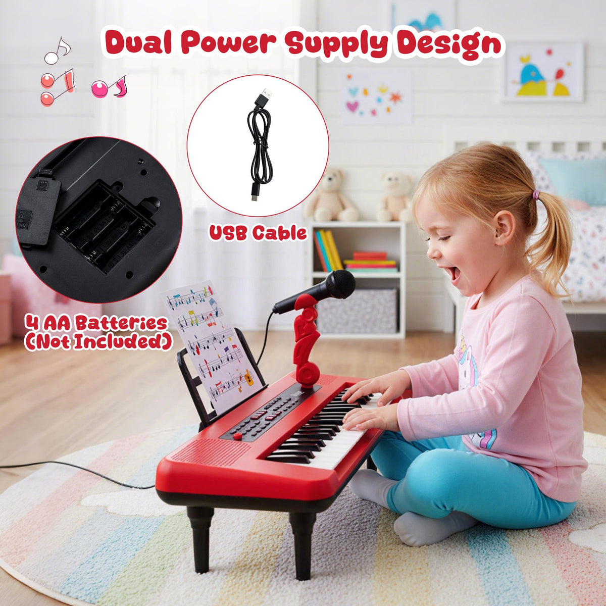 37 Keys Kids Piano Keyboard Portable Musical Toy with Microphone and Music Stand-Red view 8