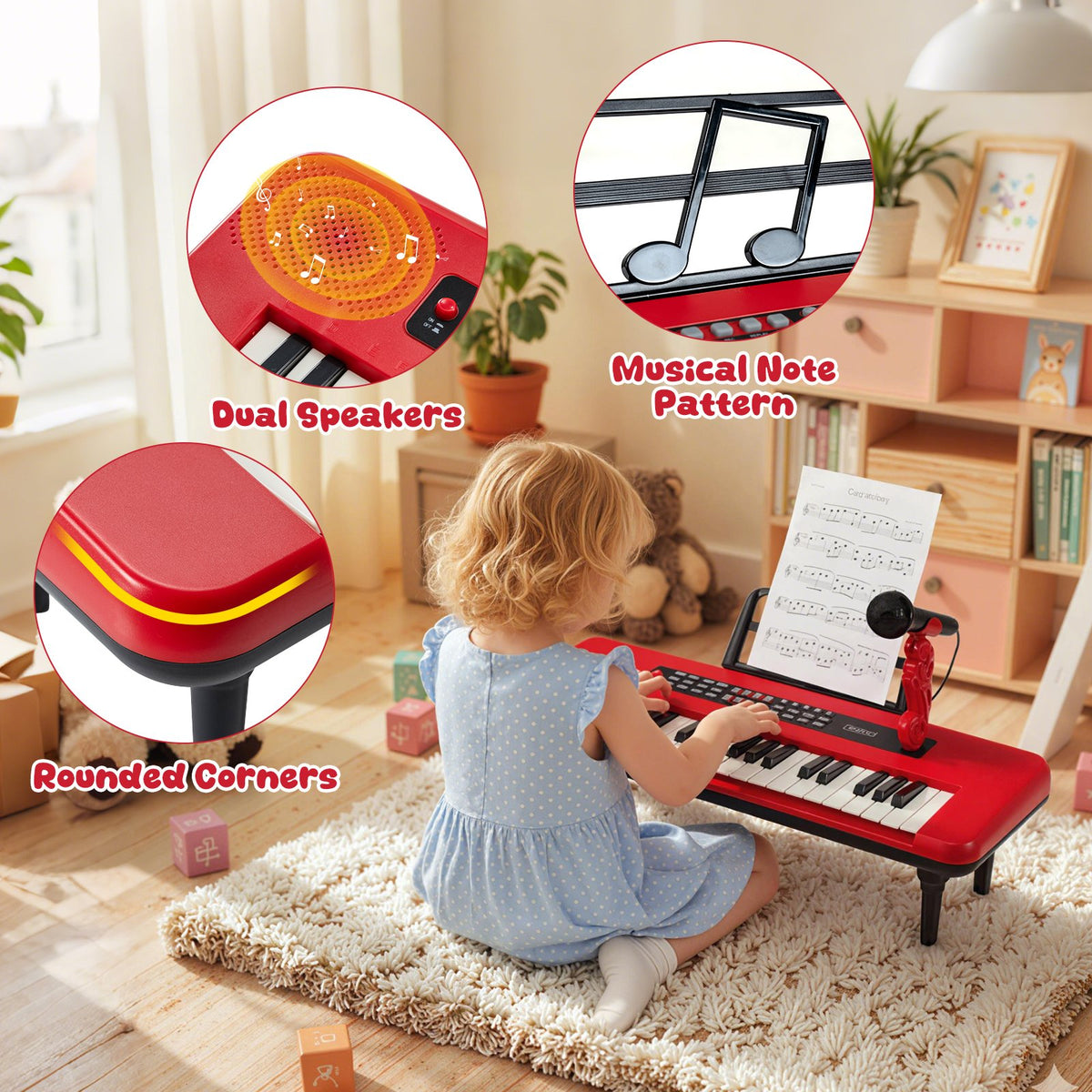 37 Keys Kids Piano Keyboard Portable Musical Toy with Microphone and Music Stand-Red view 9