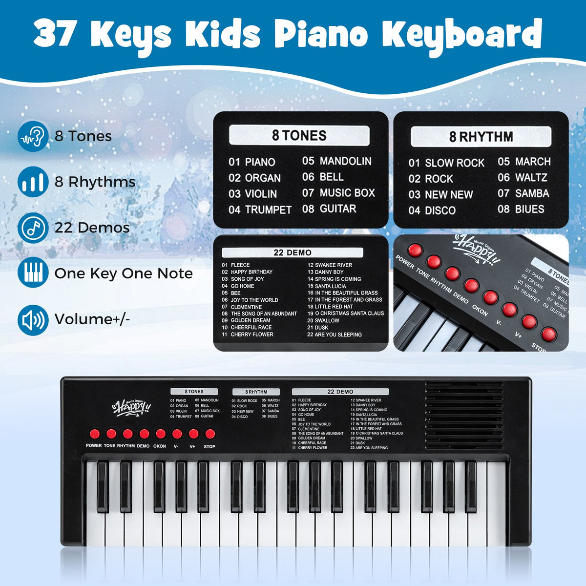 37 Keys Kids Piano Keyboard with 8 Rhythms and Microphone-Black view 7