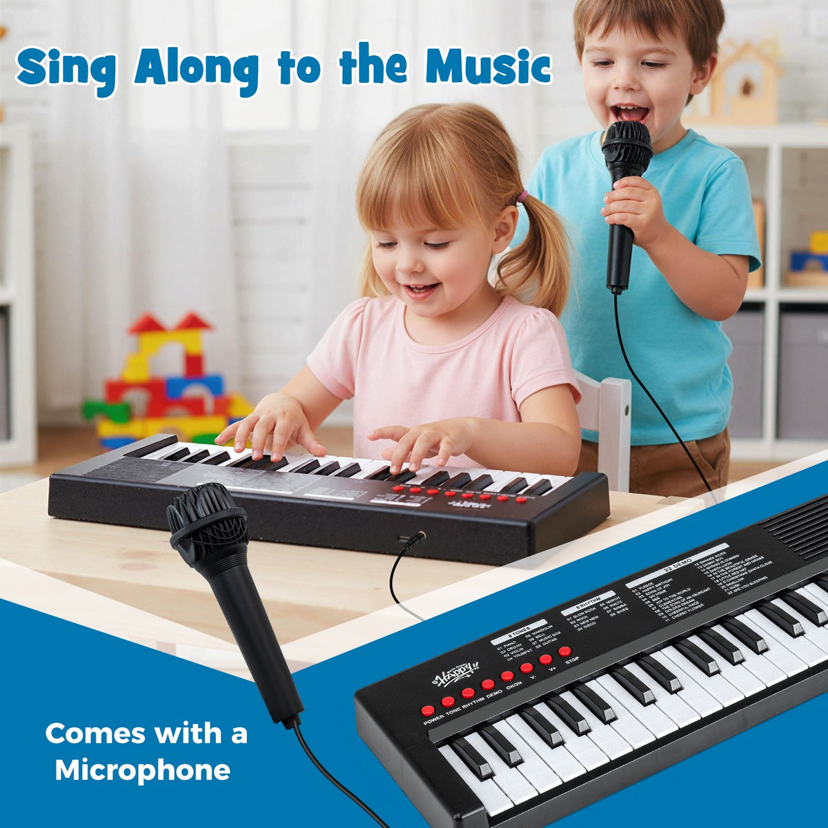 37 Keys Kids Piano Keyboard with 8 Rhythms and Microphone-Black view 8