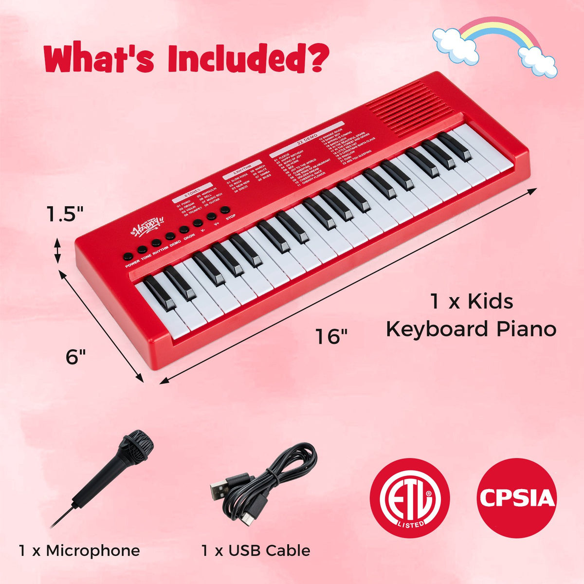 37 Keys Kids Piano Keyboard with 8 Rhythms and Microphone-Red view 5