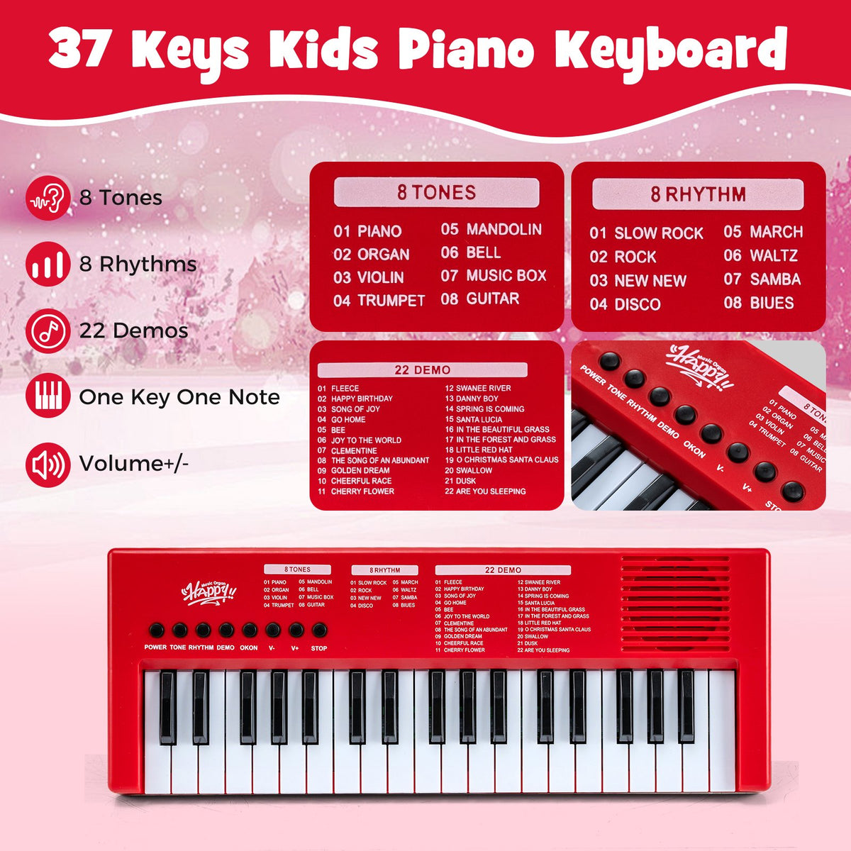 37 Keys Kids Piano Keyboard with 8 Rhythms and Microphone-Red view 7
