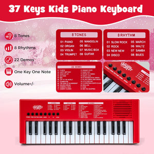 37 Keys Kids Piano Keyboard with 8 Rhythms and Microphone-Red view 7