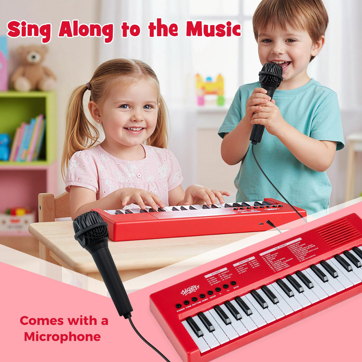37 Keys Kids Piano Keyboard with 8 Rhythms and Microphone-Red view 8